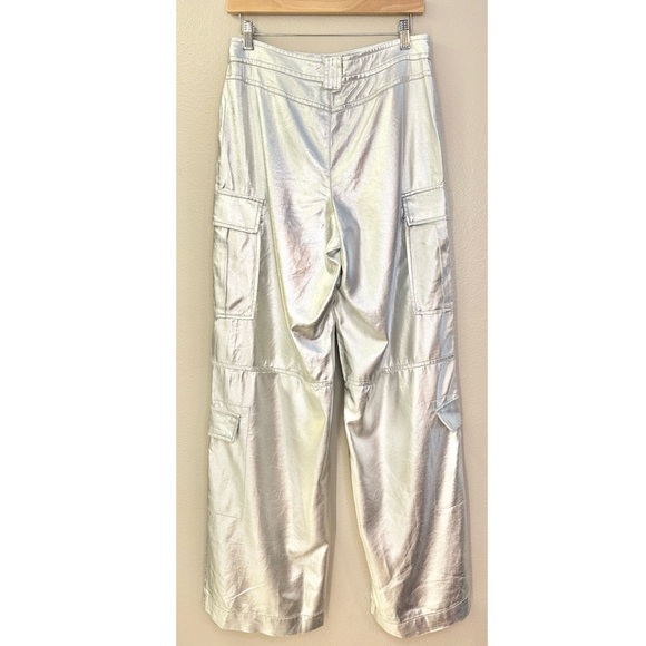 NEW Zara Silver Metallic Wide Leg Cargo Pants Luxe High Rise Utility - Picture 8 of 10